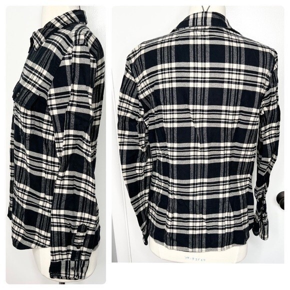 Chaps Flannel Shacket Black Cream Plaid Zipper Front Cotton Long Sleeve Top - Picture 6 of 7